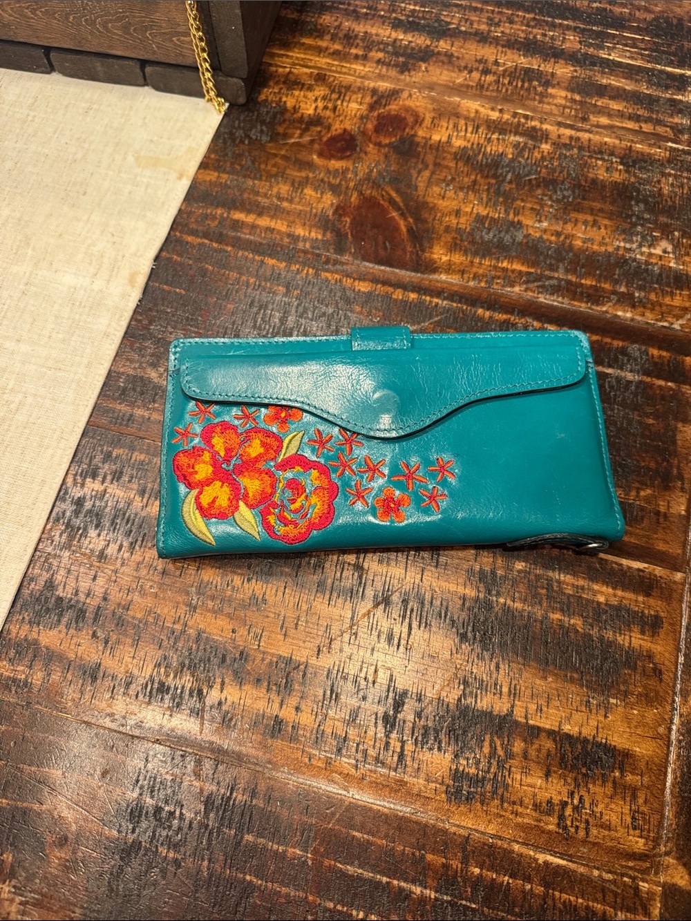 Patricia Nash Teal Floral Embroidered Leather Wallet